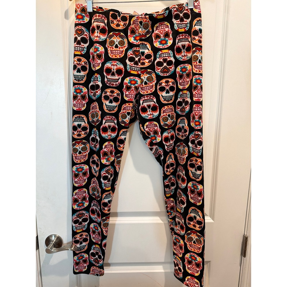 No Boundaries Sugar Skull Plush Leggings Womens XXL 2XG Day of the Dead Black